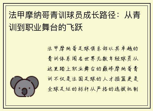 法甲摩纳哥青训球员成长路径：从青训到职业舞台的飞跃