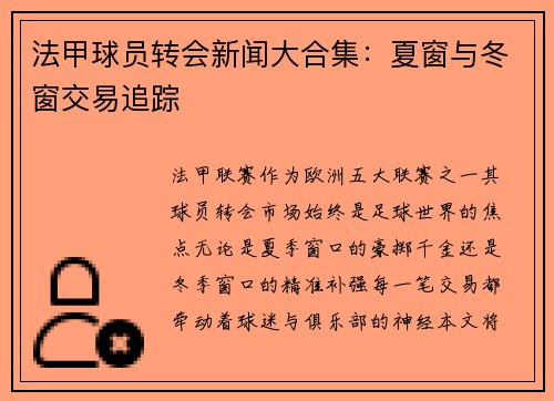 法甲球员转会新闻大合集：夏窗与冬窗交易追踪